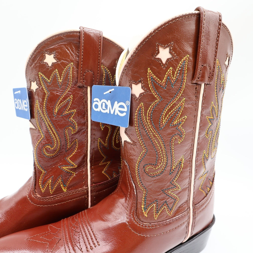 Acme Vintage Style Western Boots Kids 3 Brown Leather NWT AC146 Star Inlay - take2supply