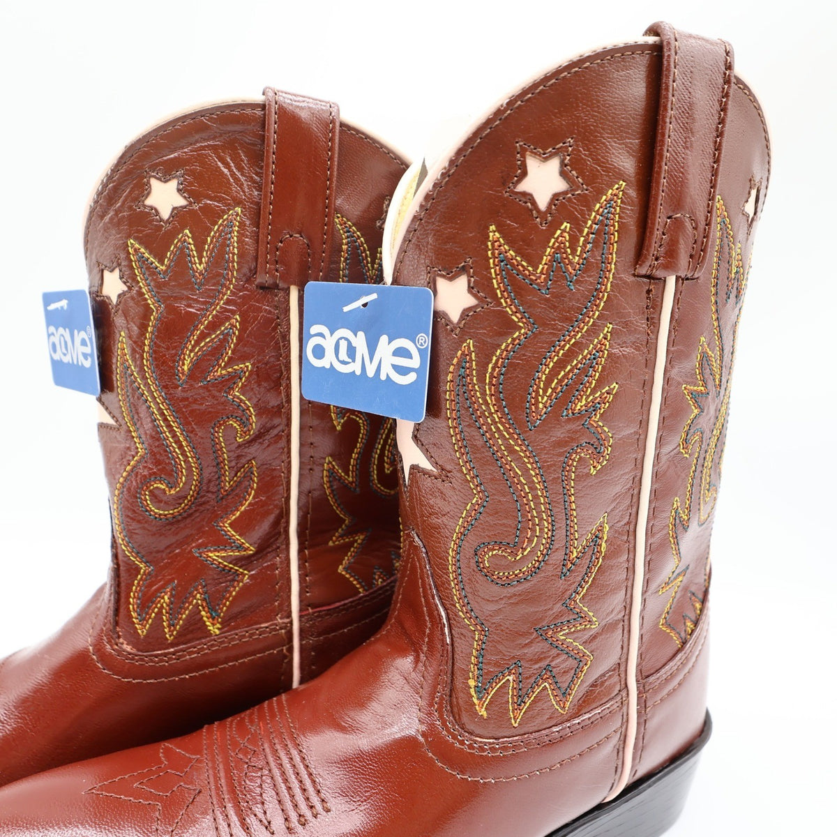Acme Vintage Style Western Boots Kids 3 Brown Leather NWT AC146 Star Inlay - take2supply