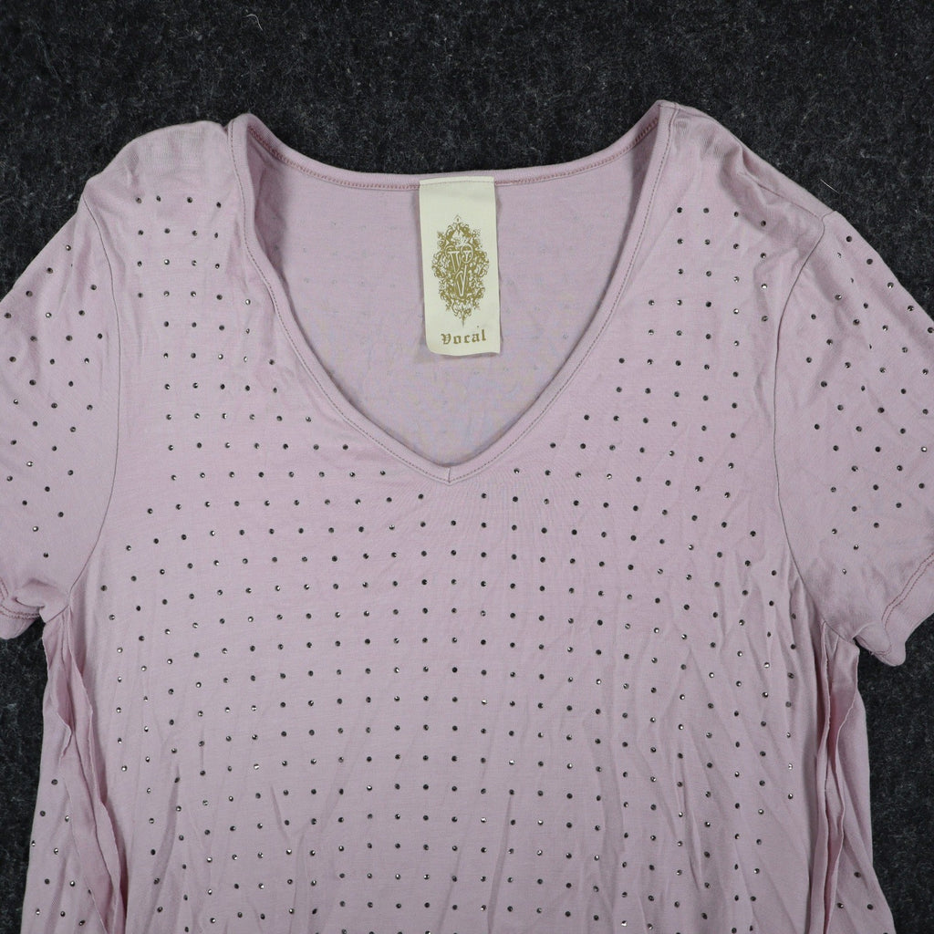Vocal Rhinestone Stud Tunic Top Womens Small Mauve Pink High Low Layered V-Neck - take2supply