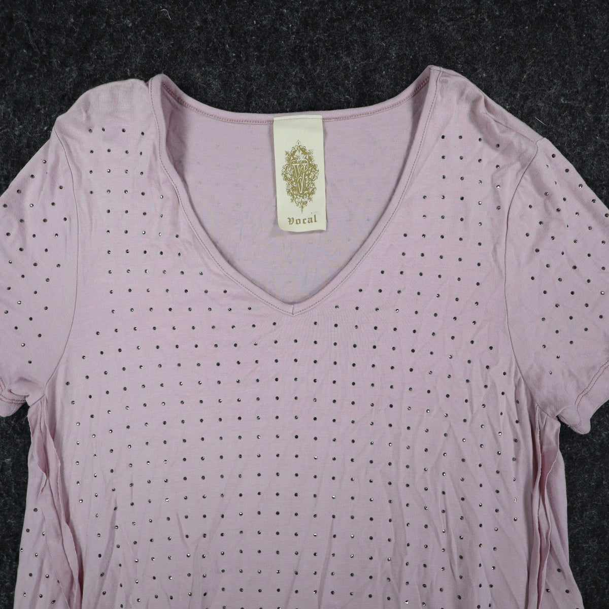 Vocal Rhinestone Stud Tunic Top Womens Small Mauve Pink High Low Layered V-Neck - take2supply