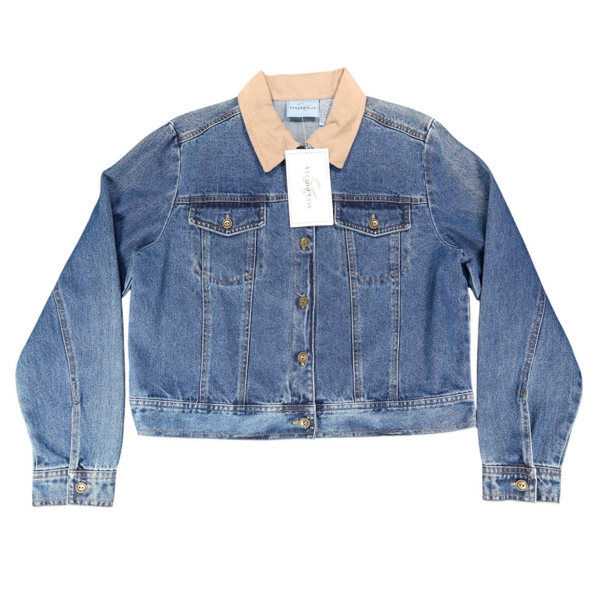 Studio Ease Denim Jacket Womens 8 Blue Cotton Faux Suede Collar WAAC77RI NWT - take2supply