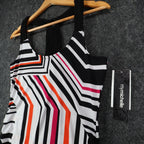 My Michelle geometric-striped tank top with braided black straps, upper front angled detail