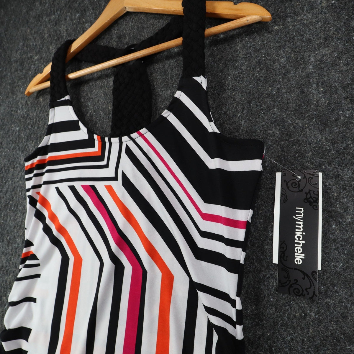 mymichelle Tank Top Womens Large Geometric Stripe Racerback Black Orange NWT - take2supply