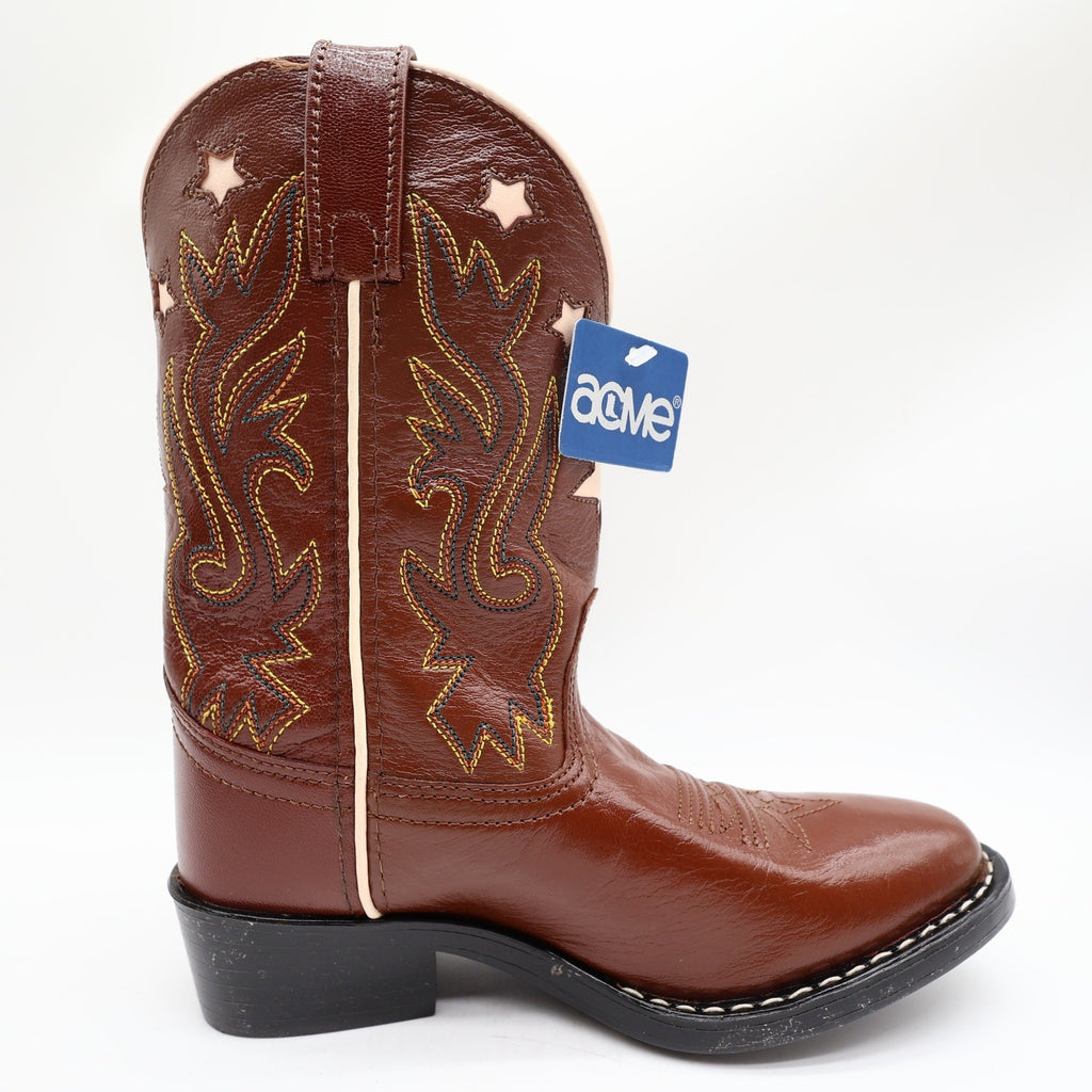 Acme Western Boots Childs 1 D Brown Star Inlay Leather New In Box Vintage Style - take2supply
