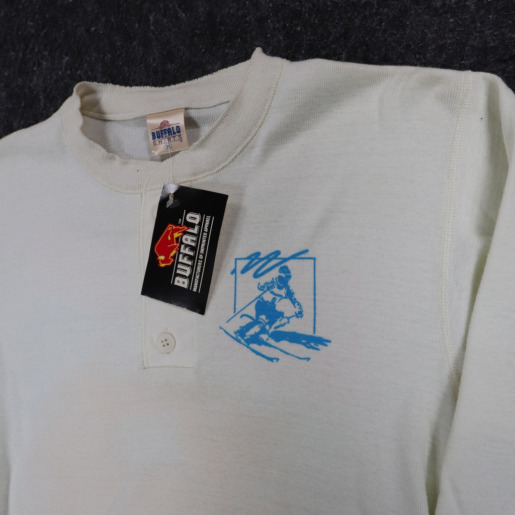 Buffalo Shirts Henley Shirt Medium Vintage 90s Skier Graphic Long Sleeve Cream - take2supply