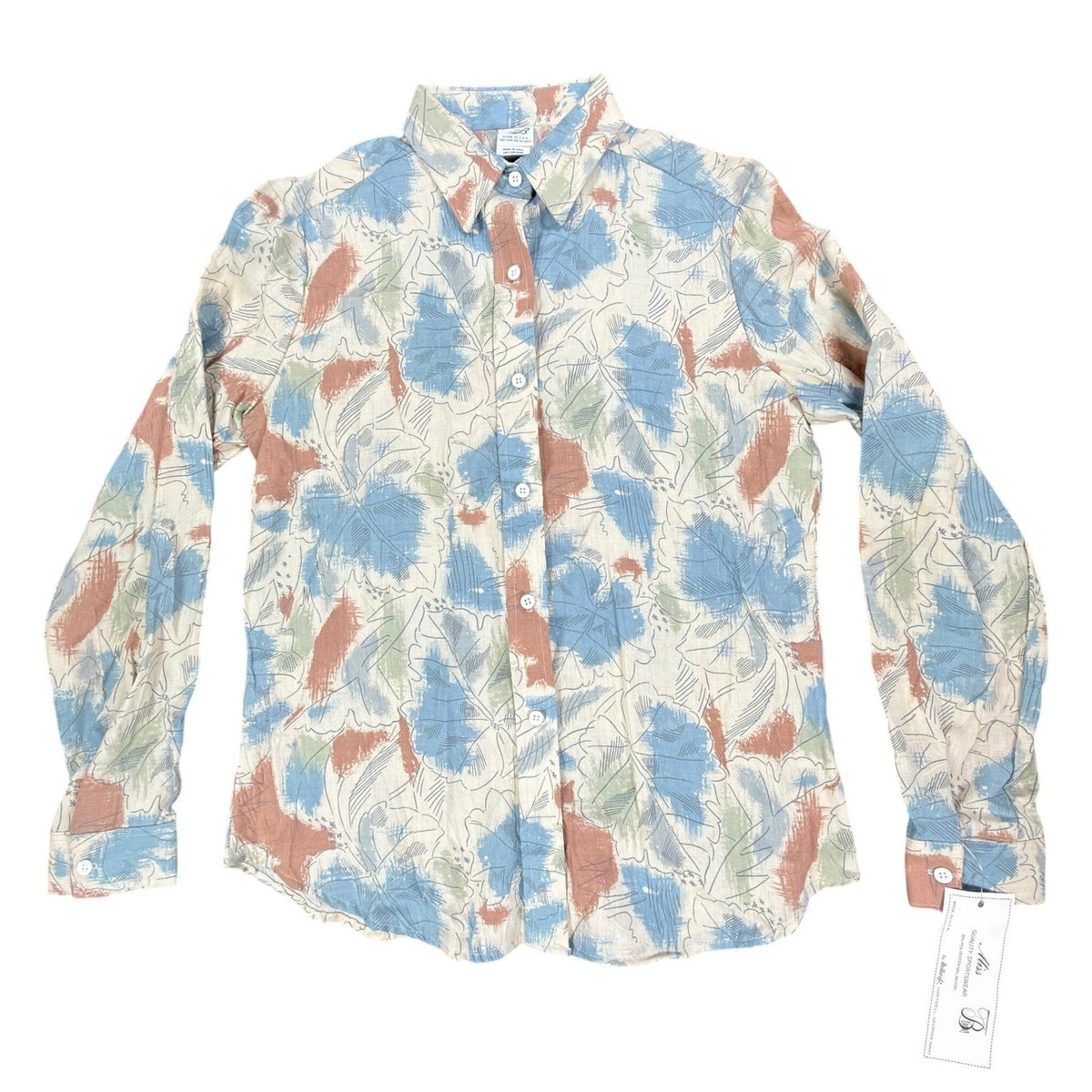 Cream Miss B long-sleeve shirt with blue, rust and green leaf print, full front view with pointed collar and buttons
