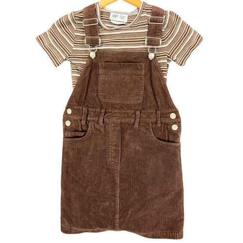Brown Amy Too corduroy jumper dress with striped short-sleeve top, front view on hanger