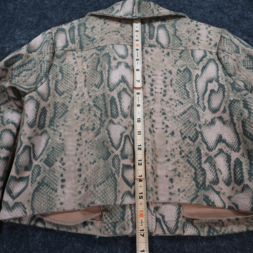Tan and green Anna Cai snakeskin-print cropped jacket, measuring tape along the back length