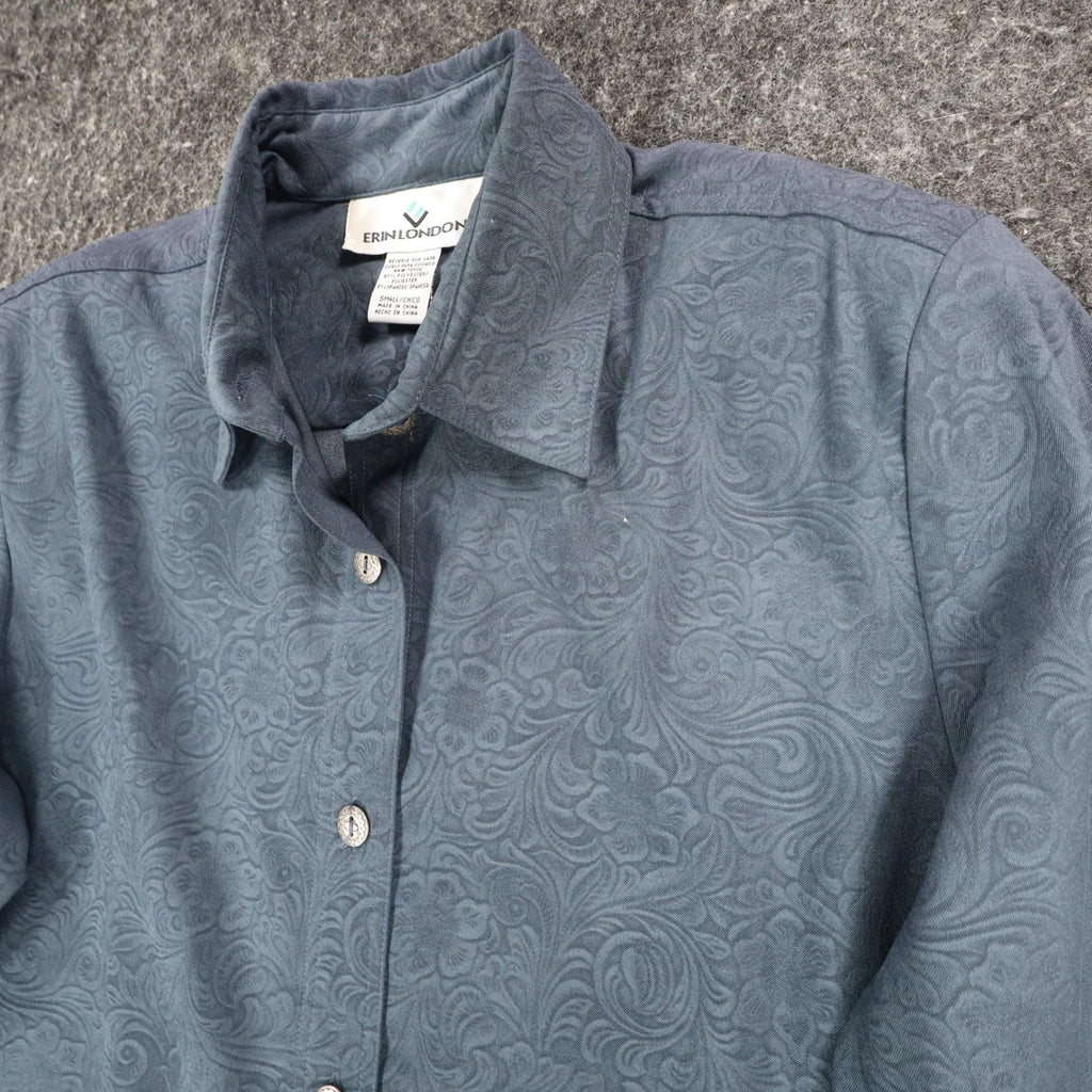 Erin London Women Small Blue Embossed Paisley Button Up Shirt Long Sleeve 81553 - take2supply