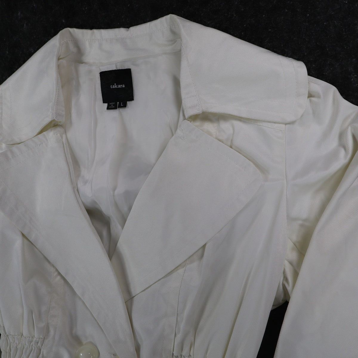 Takara Trench Coat Womens L White Belted Double Breasted Smocked NOS NWT - take2supply
