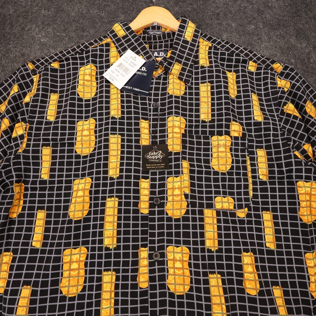 K.A.D. Button Up Shirt Mens XL Black New Tiki Abstract Grid Vintage - take2supply