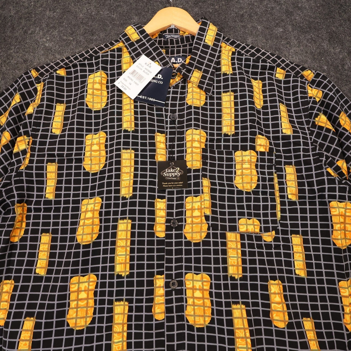 K.A.D. Button Up Shirt Mens XL Black New Tiki Abstract Grid Vintage - take2supply
