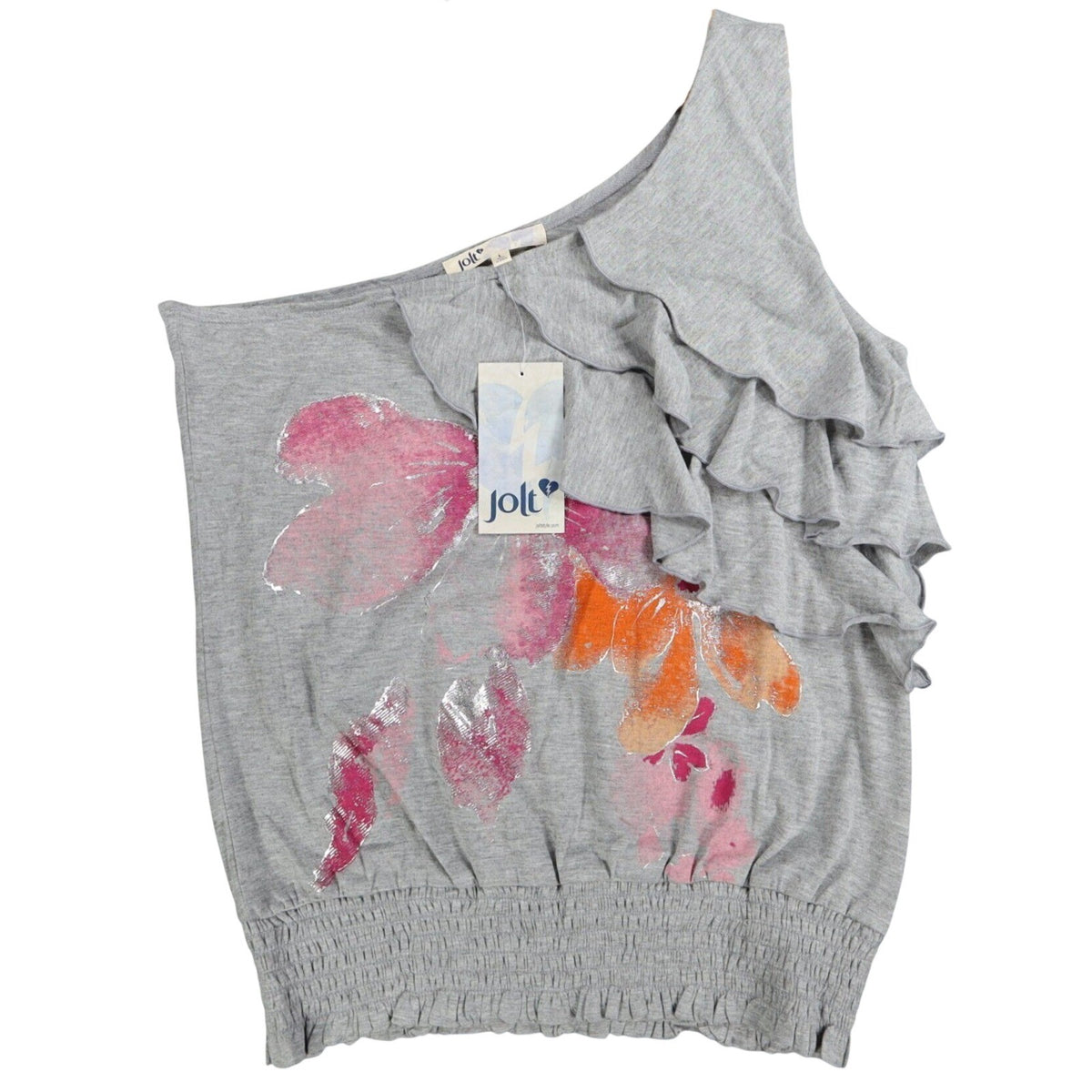 Jolt One Shoulder Top Womens Large Gray Floral Ruffle Smocked Hem NWT J0805F76 - take2supply