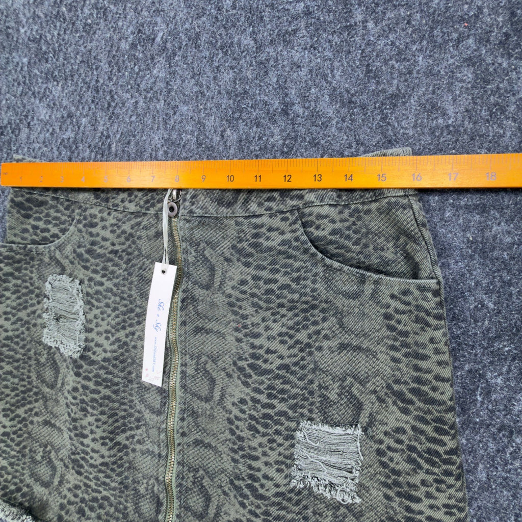 She + Sky Snake Print Mini Skirt Womens Large Olive Green Distressed New C714 - take2supply