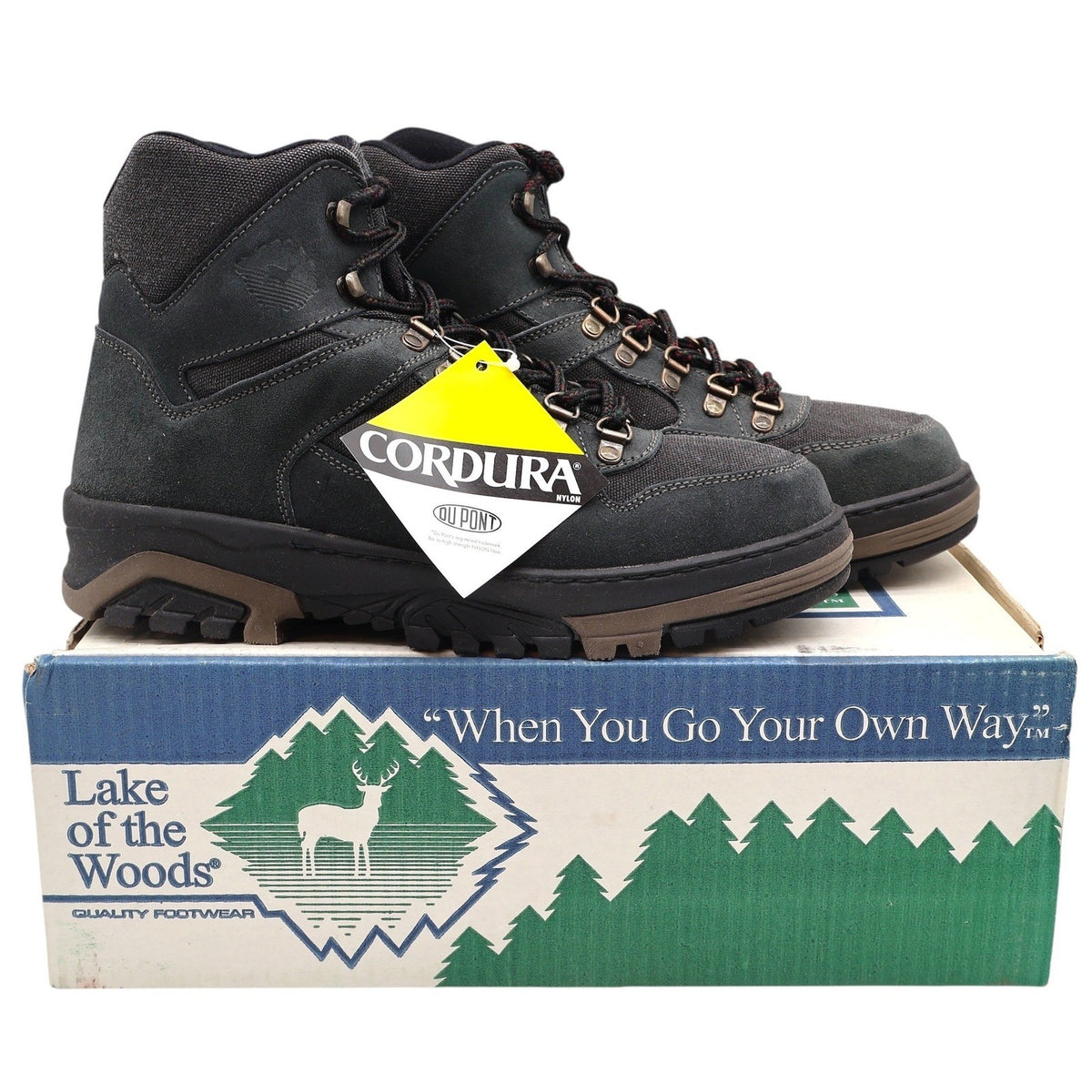 Gray Lake of the Woods hiking boots with Cordura panels, pair on branded box