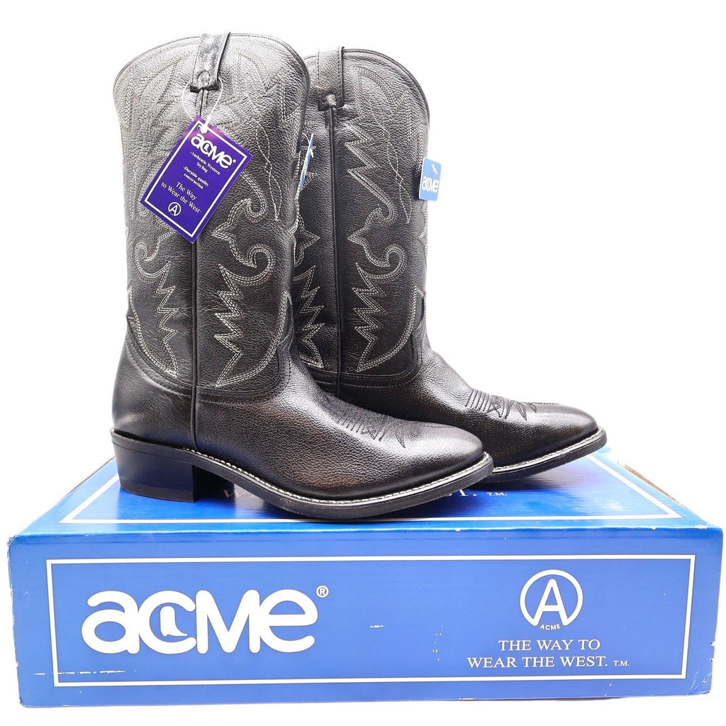 Acme Vintage Western Boots Mens 10.5 D Black Leather NWT AC205 Cowboy Deadstock - take2supply