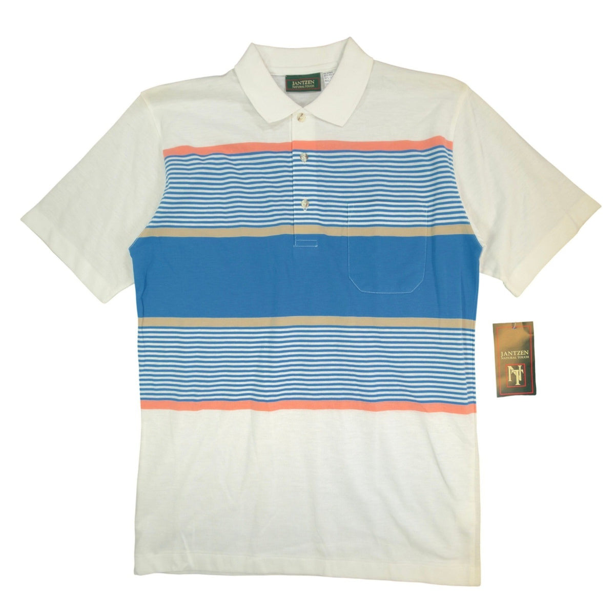 Jantzen Polo Shirt Mens Small Vintage 90s Mallard Blue Striped Pocket Deadstock - take2supply