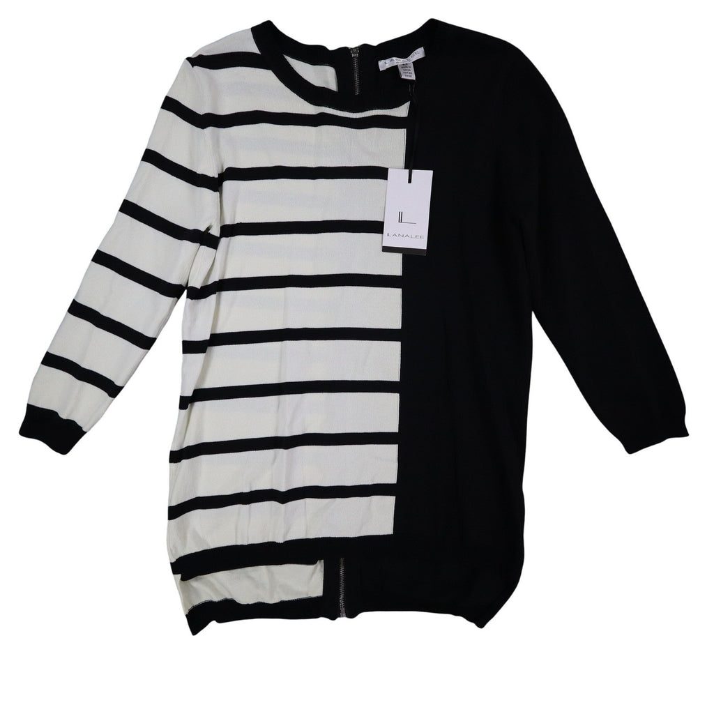 Lana Lee Tunic Sweater Womens Large Black White Striped Colorblock Zip Back New - take2supply