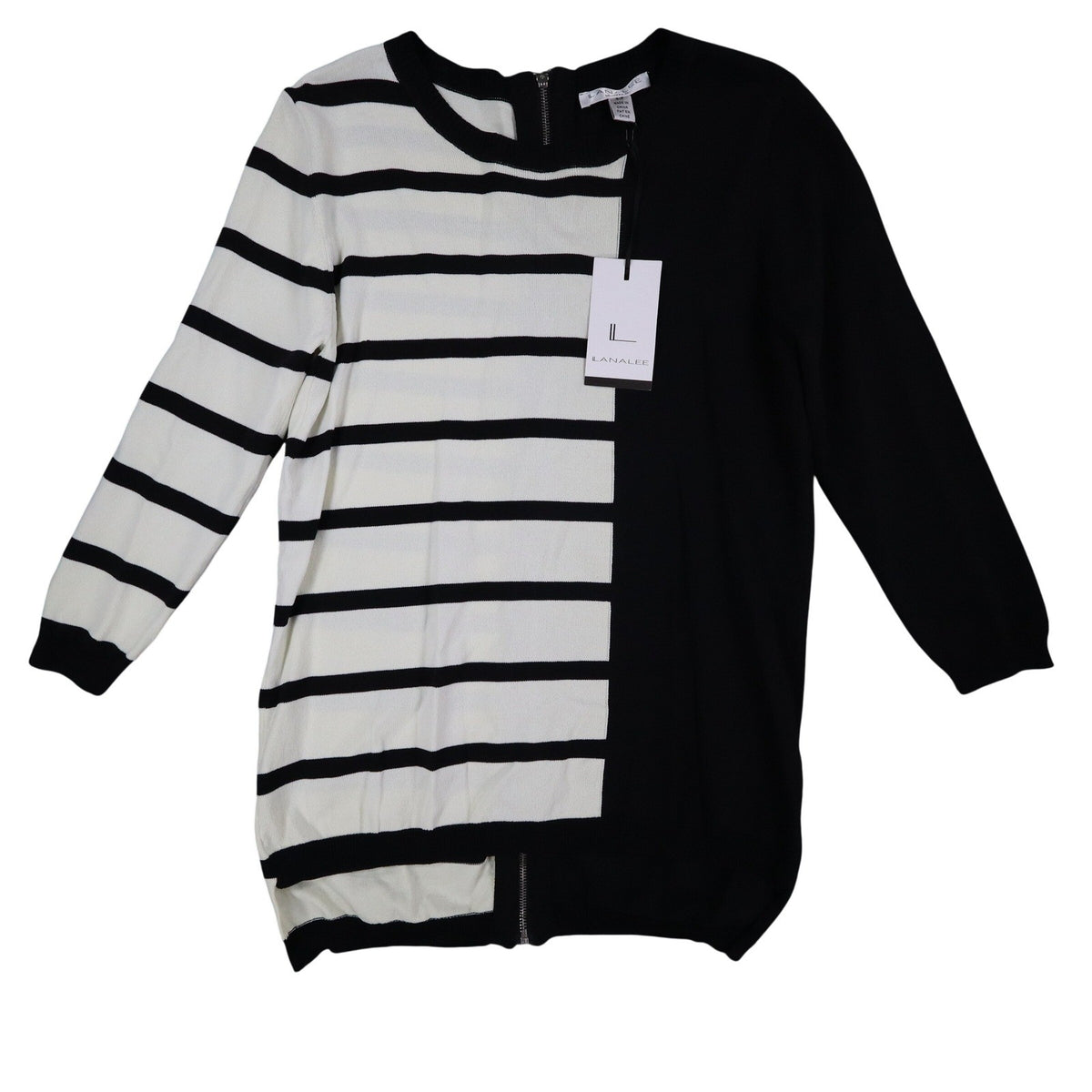 Lana Lee Tunic Sweater Womens Large Black White Striped Colorblock Zip Back New - take2supply