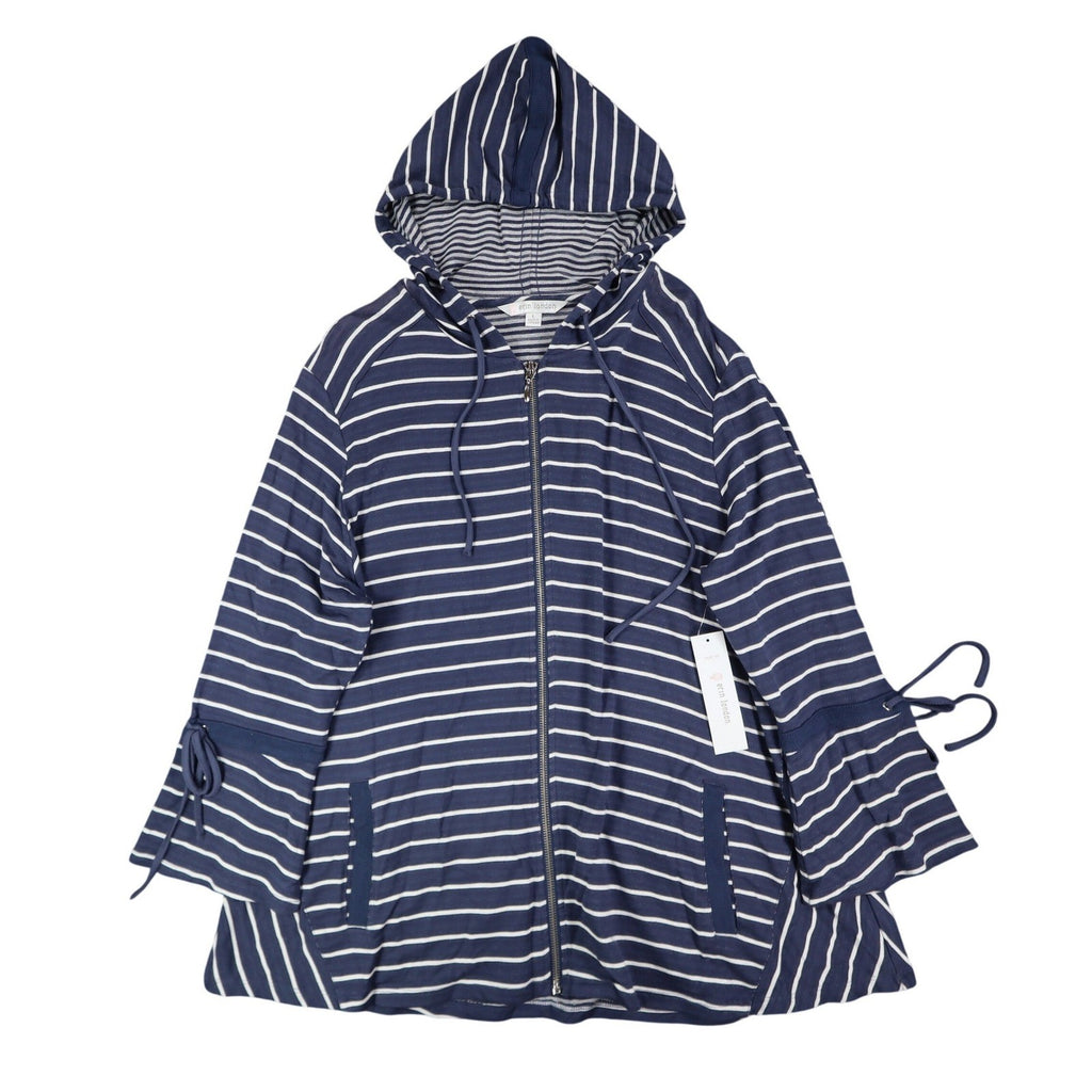 Erin London Womens L Navy White Striped Zip Hoodie Bell Sleeve Pockets NWT - take2supply
