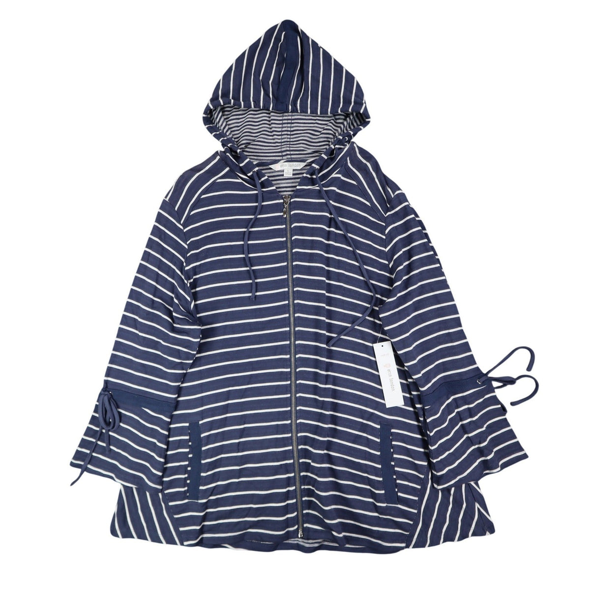 Erin London Womens L Navy White Striped Zip Hoodie Bell Sleeve Pockets NWT - take2supply