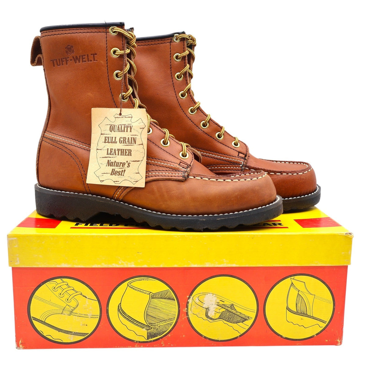 Tuff-Welt Work Boots Mens 7 Vintage Brown Full Grain Leather Moc Toe USA 332 - take2supply