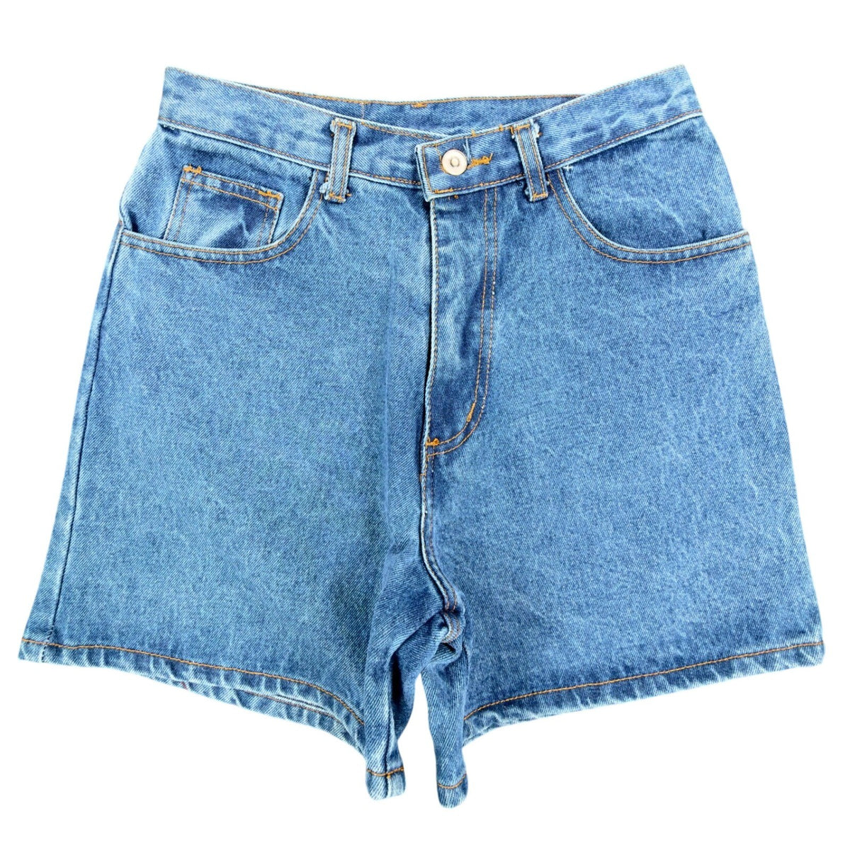 Front of blue Boom Boom denim shorts with button closure, belt loops and curved pockets