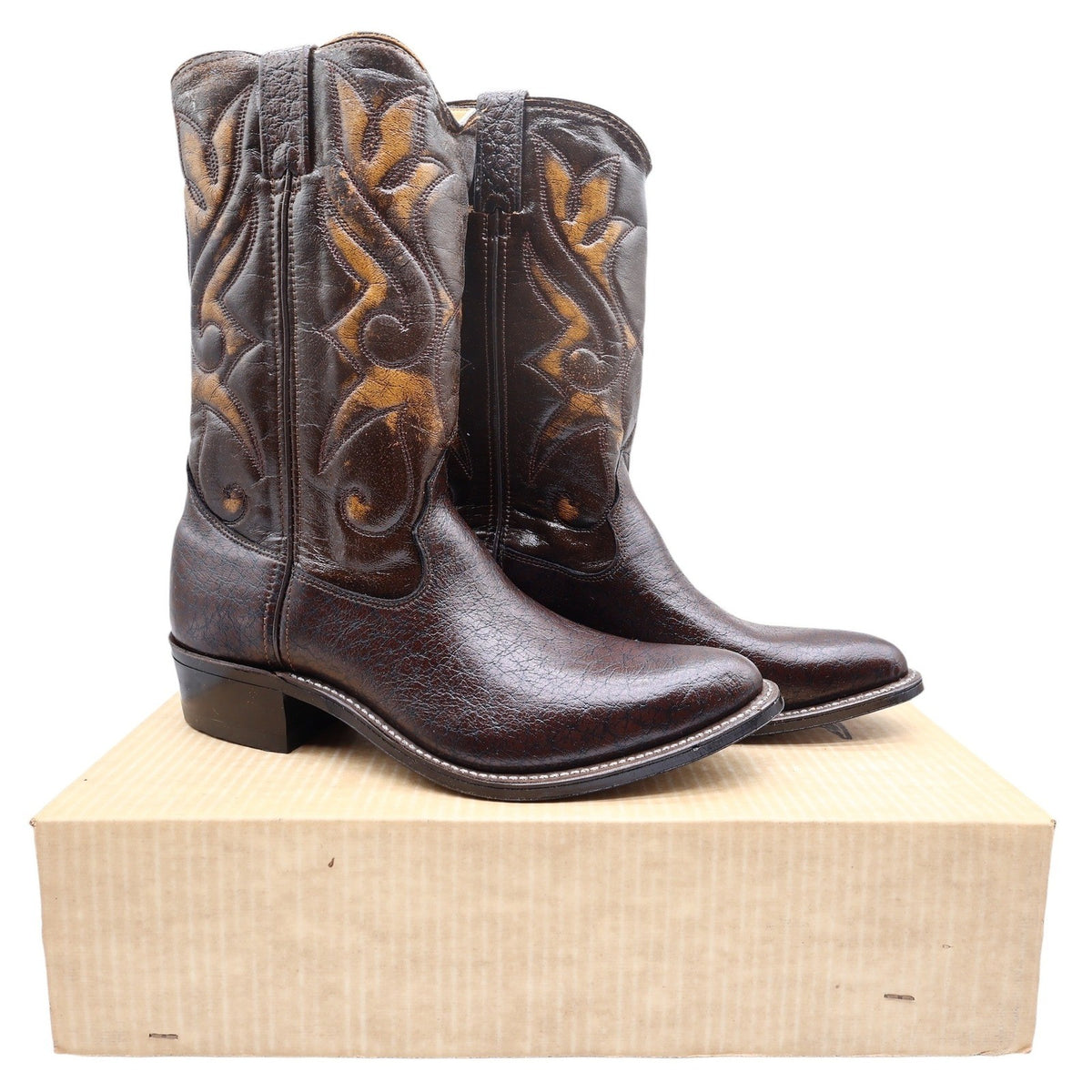 Dark brown Double-H western boots with gold-colored shaft details, pair on plain brown shoebox