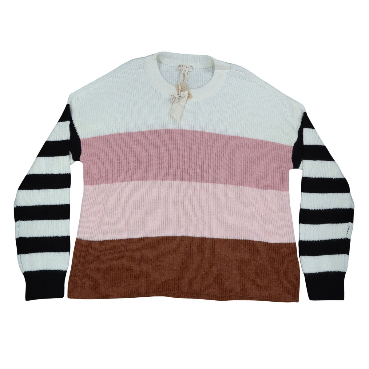 Hem & Thread Colorblock Striped Sweater Womens Large NWT Pink Brown Cream 7535 - take2supply