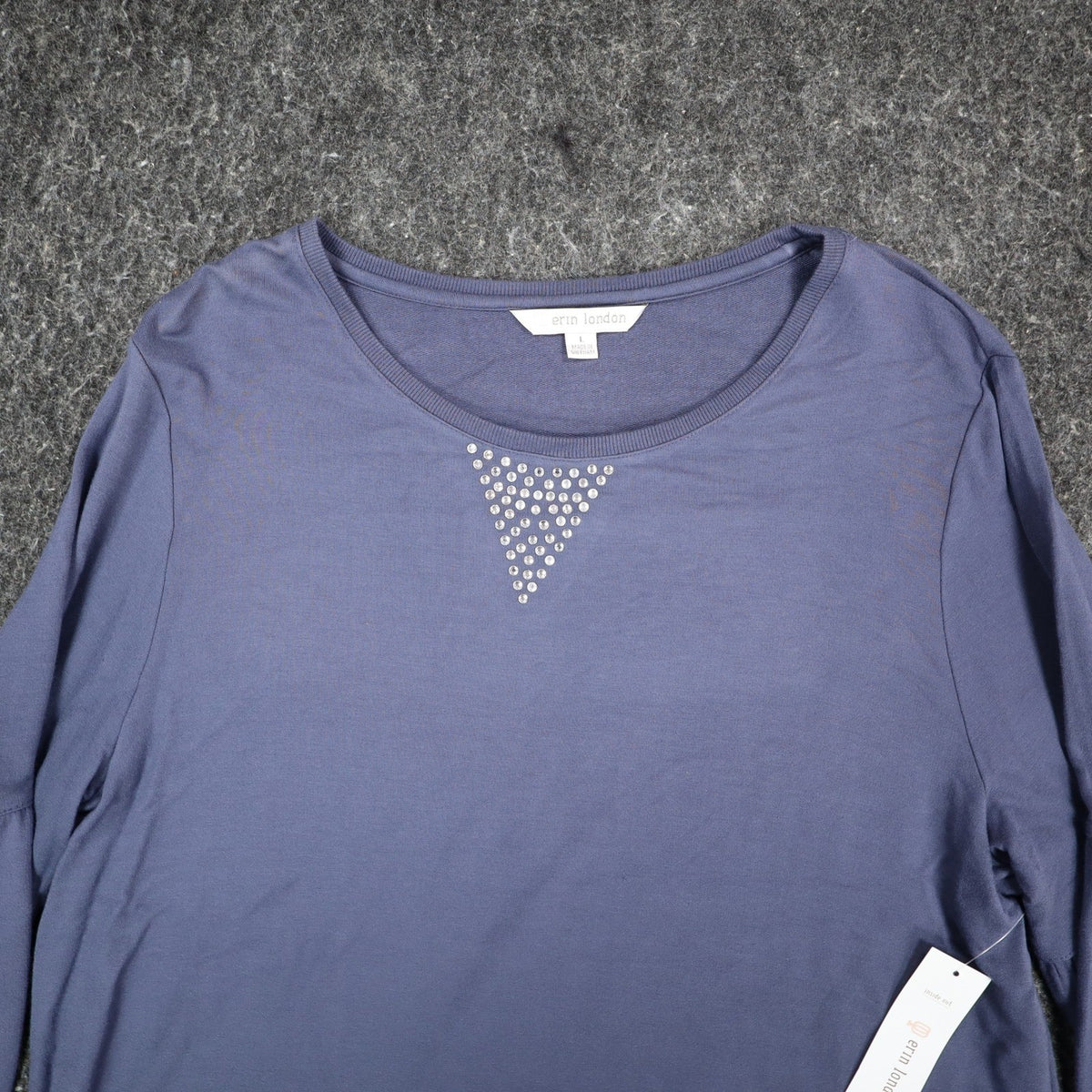Erin London Top Womens L Blue Viscose Spandex Rhinestone Puff Sleeve NWT - take2supply