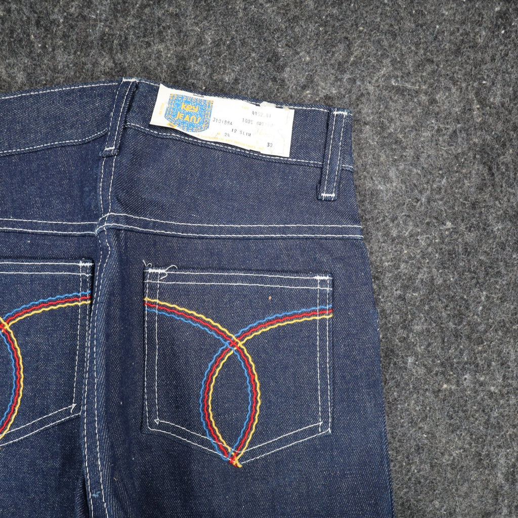 Key Jeans Denim Jeans Boys 12 Slim 24x30 Vintage 70s Dark Wash Rainbow Stitching - take2supply
