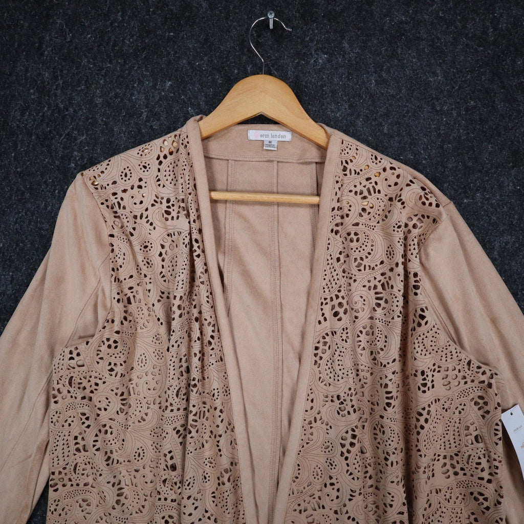 Erin London Open Front Jacket Medium NWT Sand Faux Suede Laser Cut Eyelet C1085 - take2supply