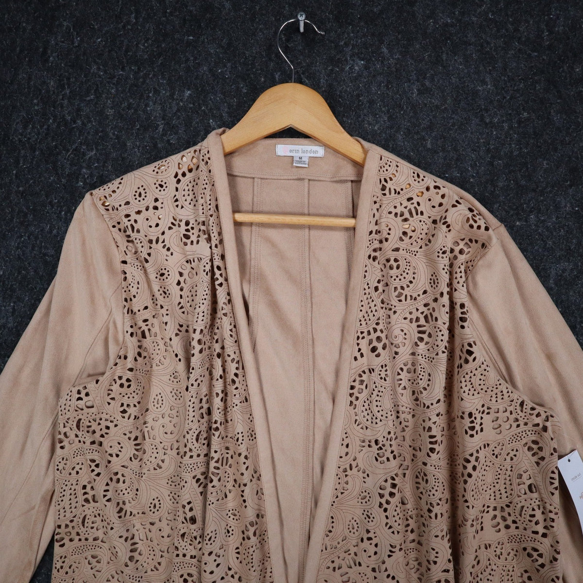 Erin London Open Front Jacket Medium NWT Sand Faux Suede Laser Cut Eyelet C1085 - take2supply