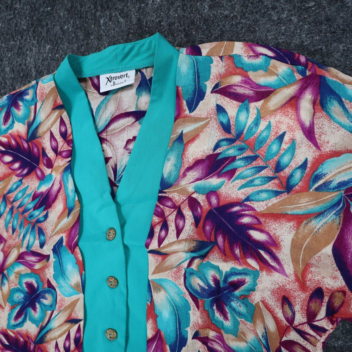 Xtrovert Blouse Womens 8 Vintage 90s Teal Floral Faux Vest Rayon Short Sleeve - take2supply