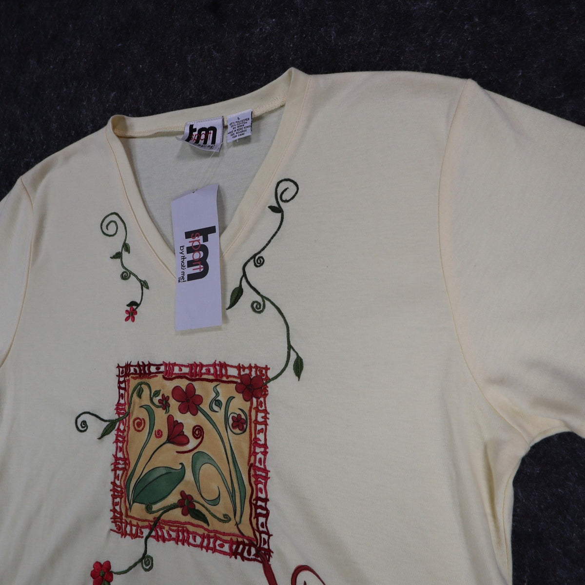 TM Sport by That's Me V-Neck Top Large Vintage Y2K Yellow Floral Embroidered NWT - take2supply