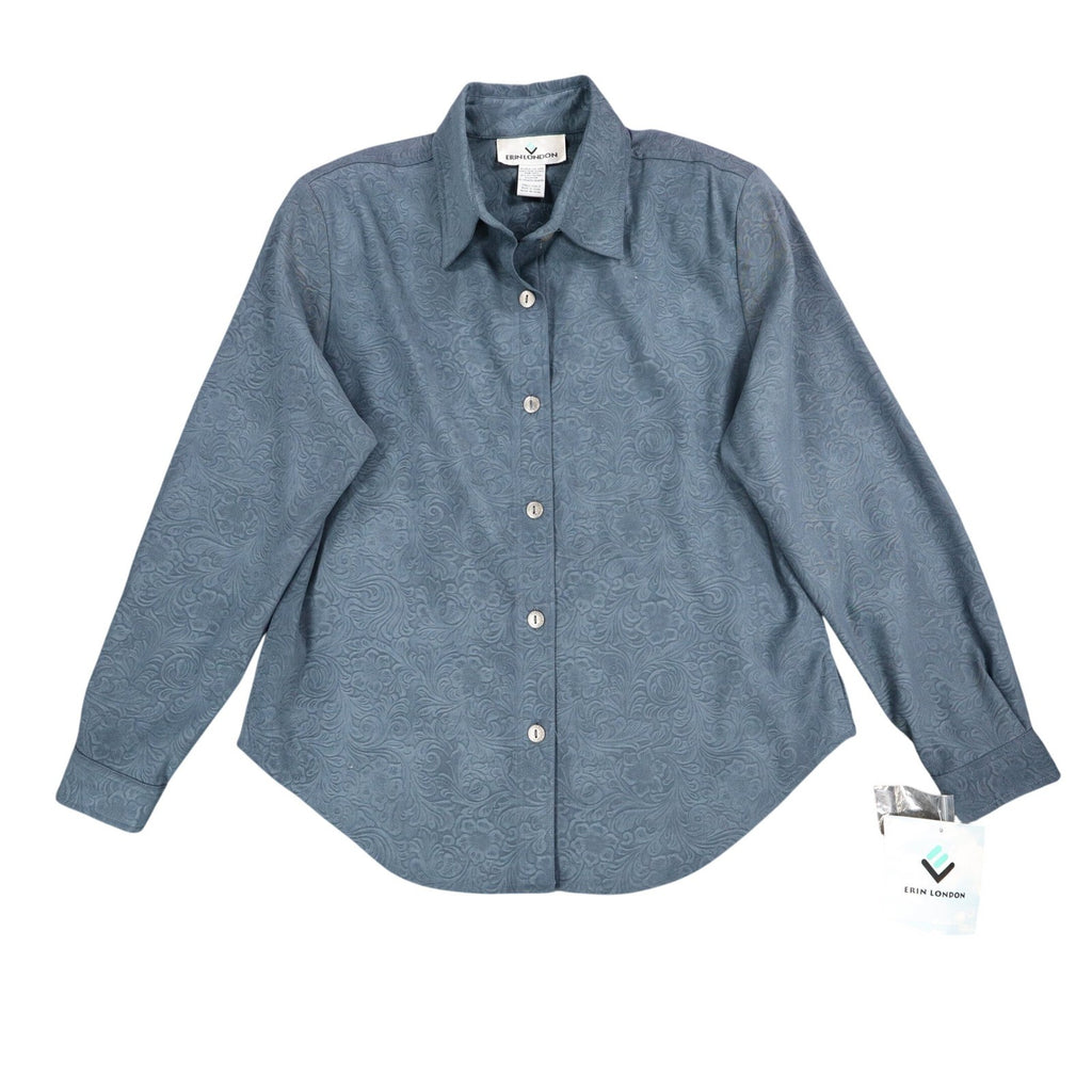 Erin London Women Small Blue Embossed Paisley Button Up Shirt Long Sleeve 81553 - take2supply