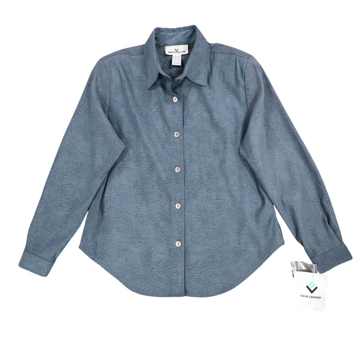 Erin London Women Small Blue Embossed Paisley Button Up Shirt Long Sleeve 81553 - take2supply