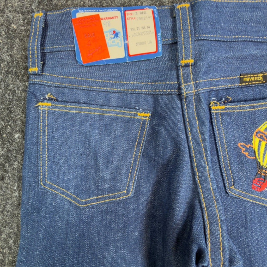 Maverick Vintage 70s Kids Jeans Size 3 Reg Blue Denim Hot Air Balloon Deadstock - take2supply