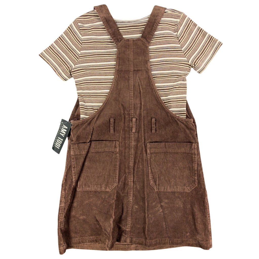 Back view of brown Amy Too corduroy jumper dress with a striped short-sleeve top