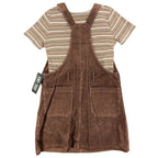 Back view of brown Amy Too corduroy jumper dress with a striped short-sleeve top