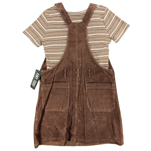 Back view of brown Amy Too corduroy jumper dress with a striped short-sleeve top