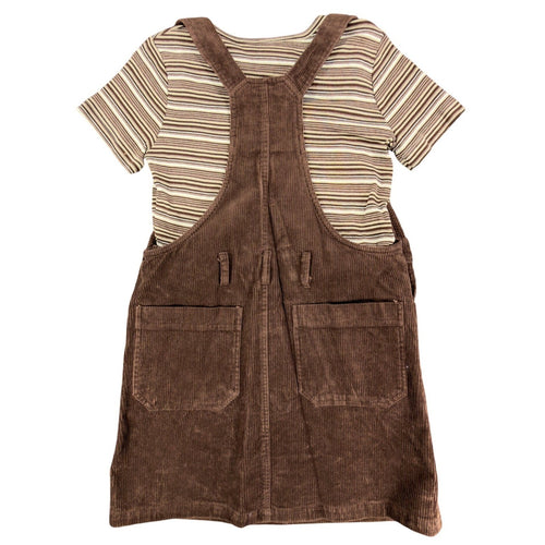 Back view of brown Amy Too corduroy jumper dress with a striped short-sleeve top