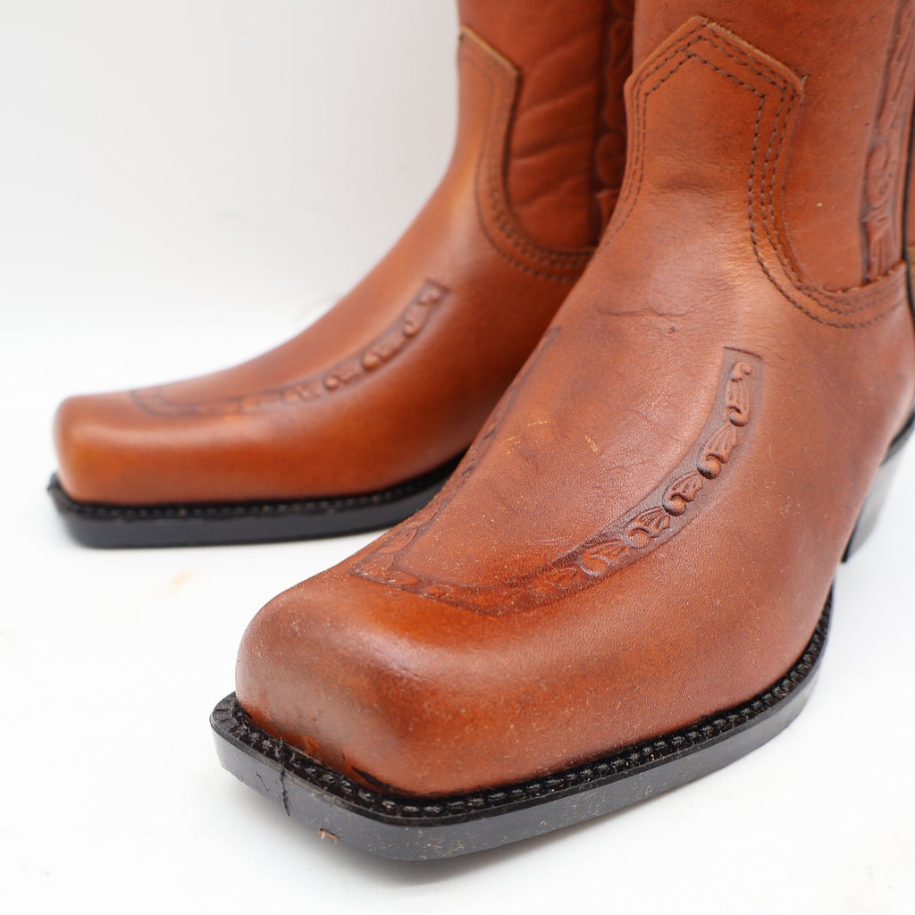 Acme Vintage Western Boots Kids 4.5D Tan Leather Square Toe Cowboy 2418 USA Made - take2supply