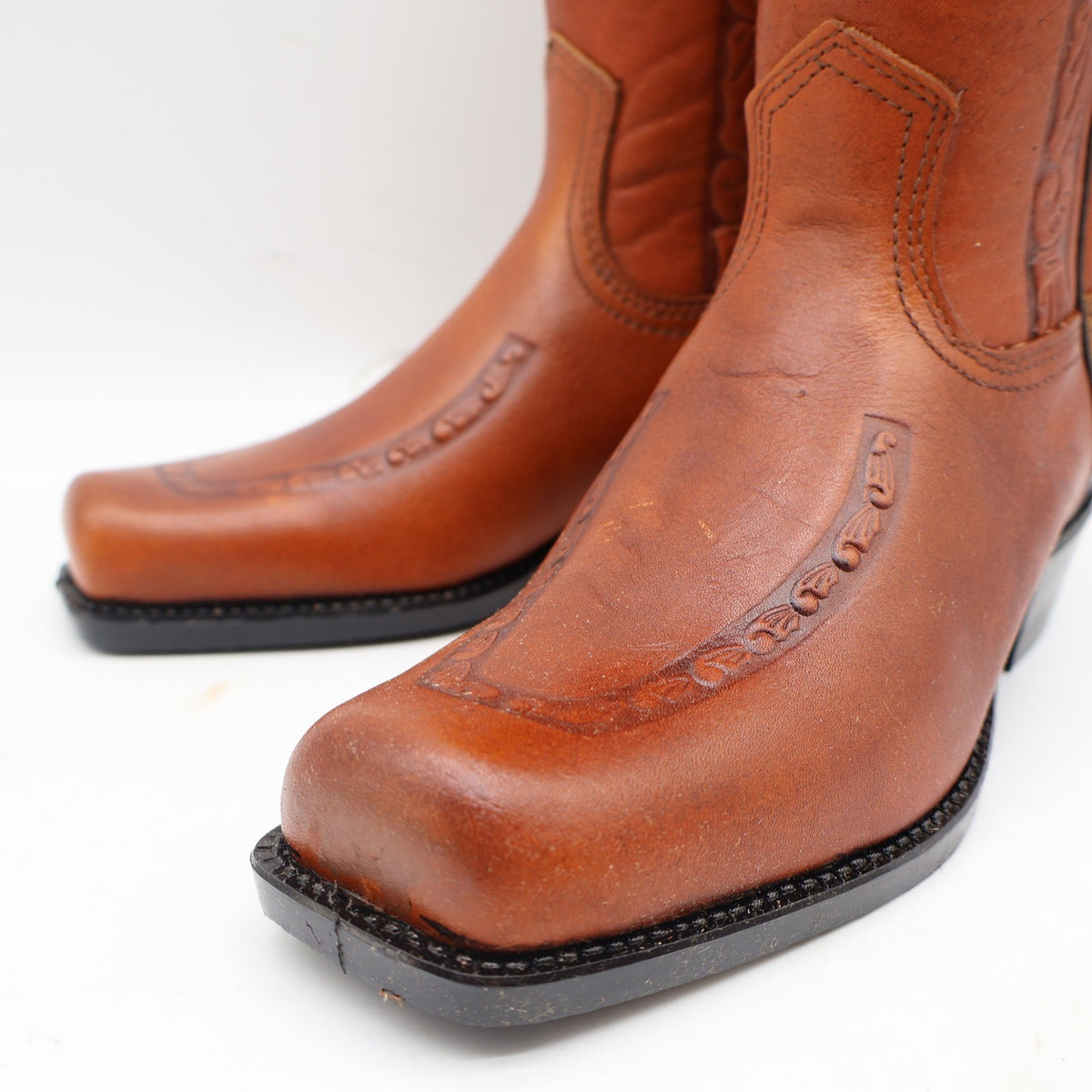 Acme Vintage Western Boots Kids 4.5D Tan Leather Square Toe Cowboy 2418 USA Made - take2supply