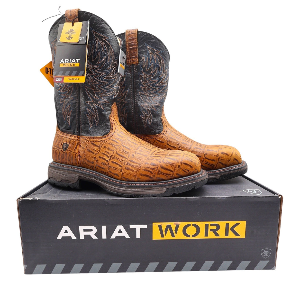Brown hornback-print Ariat boots with black stitched shafts, pair with hangtags on Ariat Work box