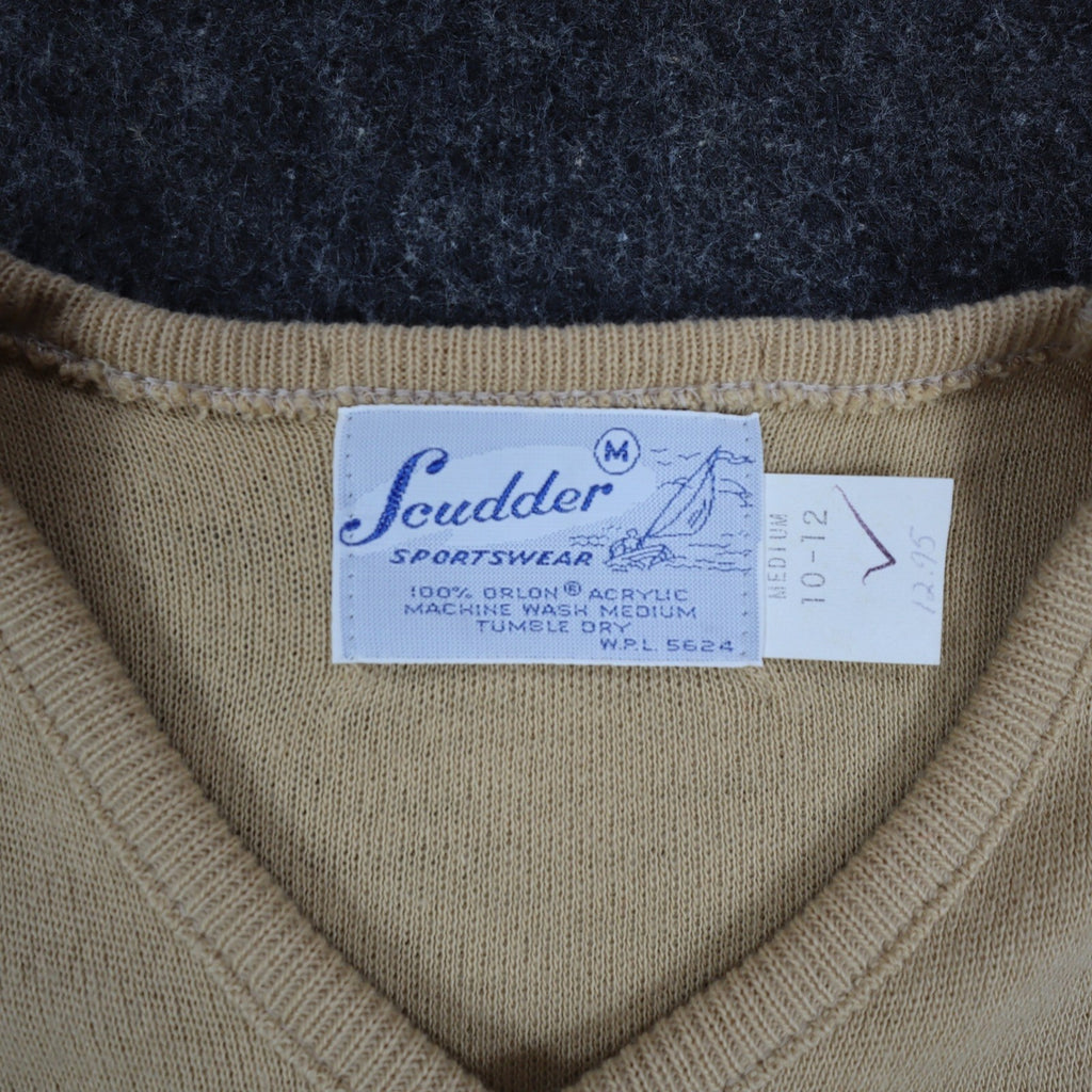 Scudder Sportswear V-Neck Sweater Youth Medium 10-12 Vintage 70s Tan Acrylic USA - take2supply