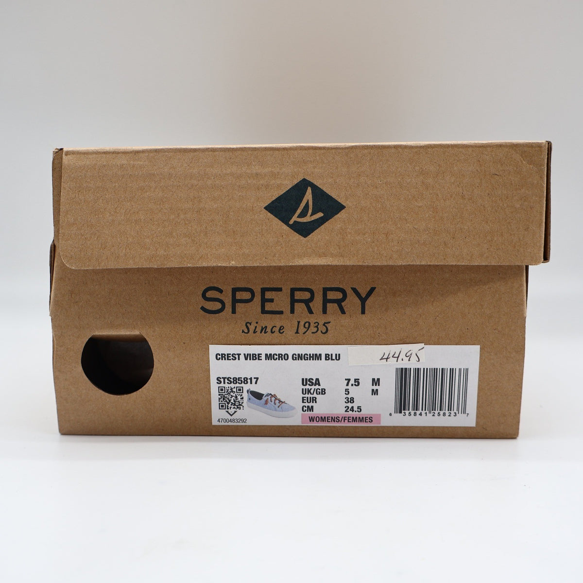 Sperry Crest Vibe Sneaker Womens 7.5 Blue Gingham Canvas Leather Lace STS85817 - take2supply