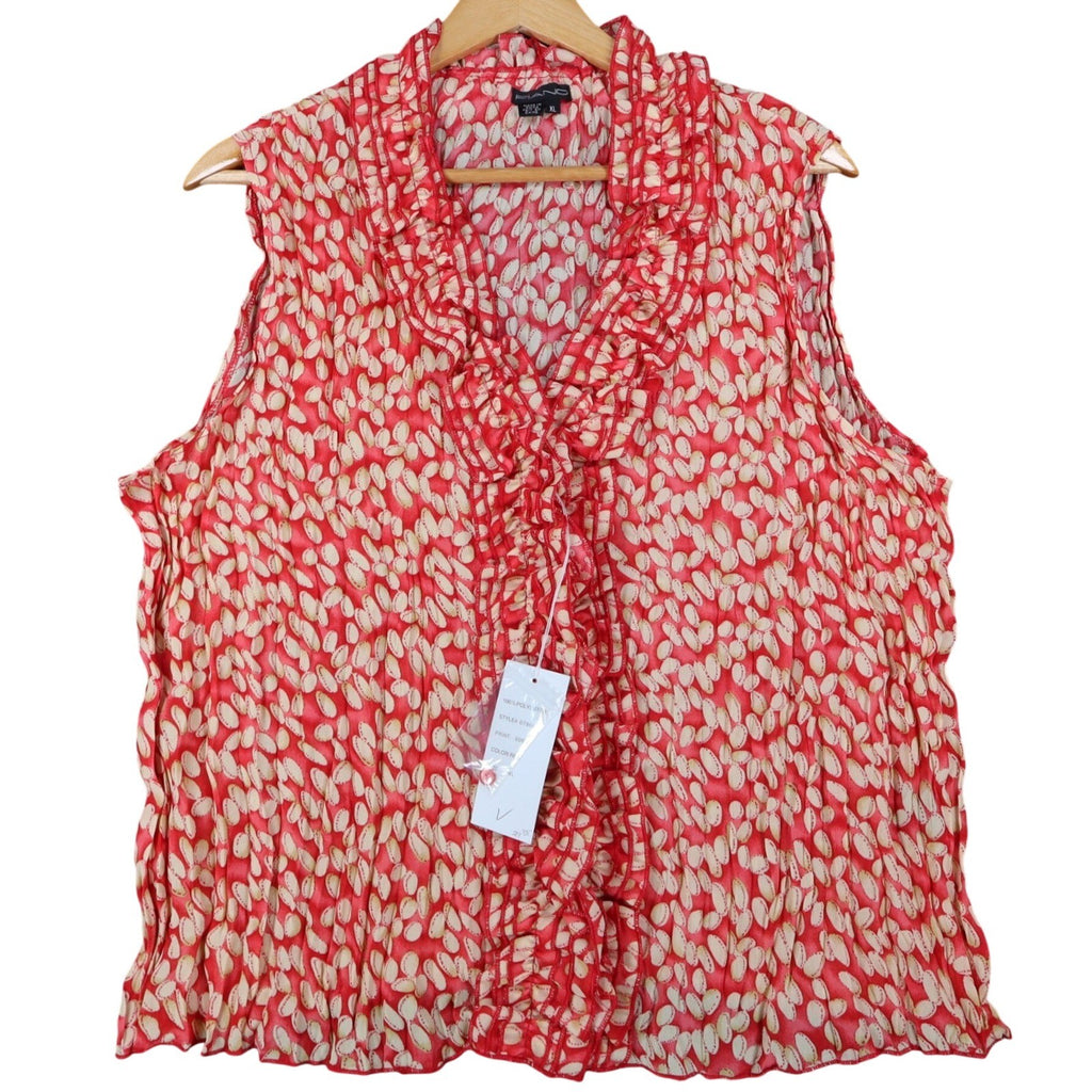 Piano Ruffle Blouse Womens XL Red Pleated Crinkle Sleeveless Sheer Top 07960 - take2supply