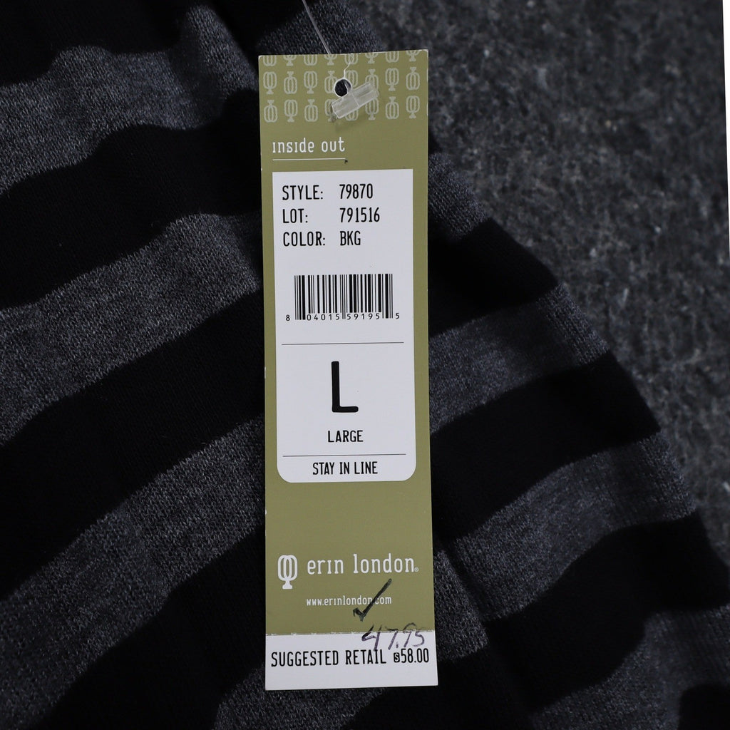 Erin London Open Front Vest Womens Large Black Grey Striped Draped Waterfall Hem - take2supply