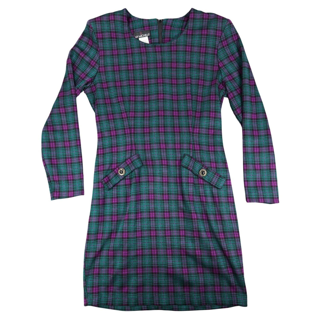 My Michelle Plaid Dress Womens 13/14 Vintage 90s Purple Green Long Sleeve Mini - take2supply